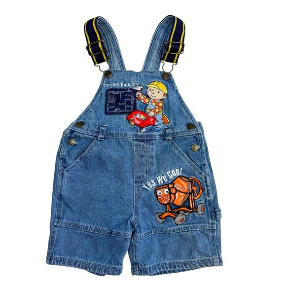 Vintage 90s Bob The Builder Overalls Denim Shorts Blue Cotton Size 3T - Picture 1 of 7